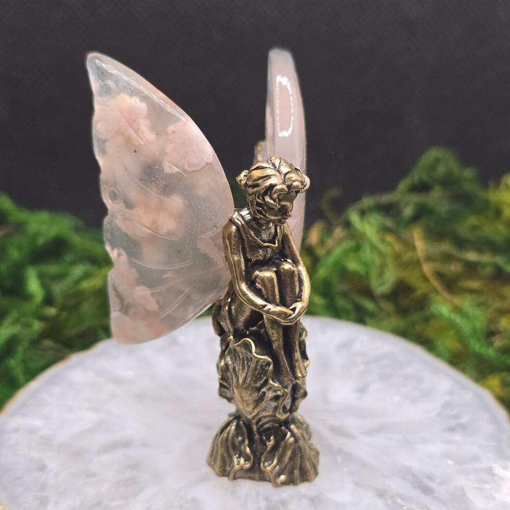 Flower Agate Crystal Fairy 2.5" Brass Figurine Butterfly Wings Fantasy Decor